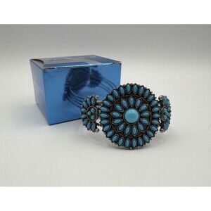 Avon Turquoise Tone Cuff Bracelet Silver Floral Cluster Statement Wide